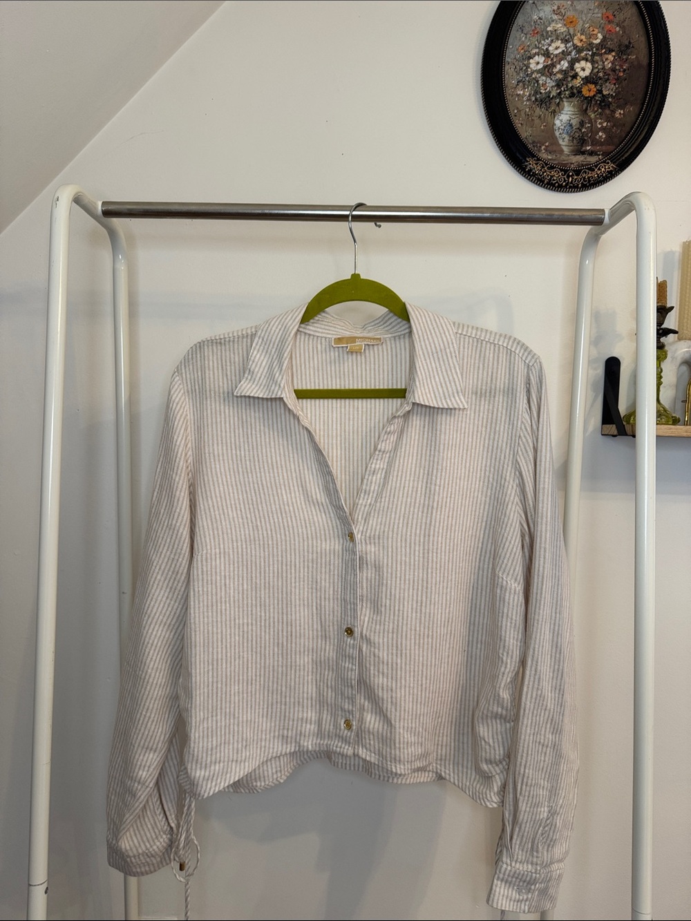 Linen Blend Tan/Cream Striped Button-Front Women's Shirt with Gold accents